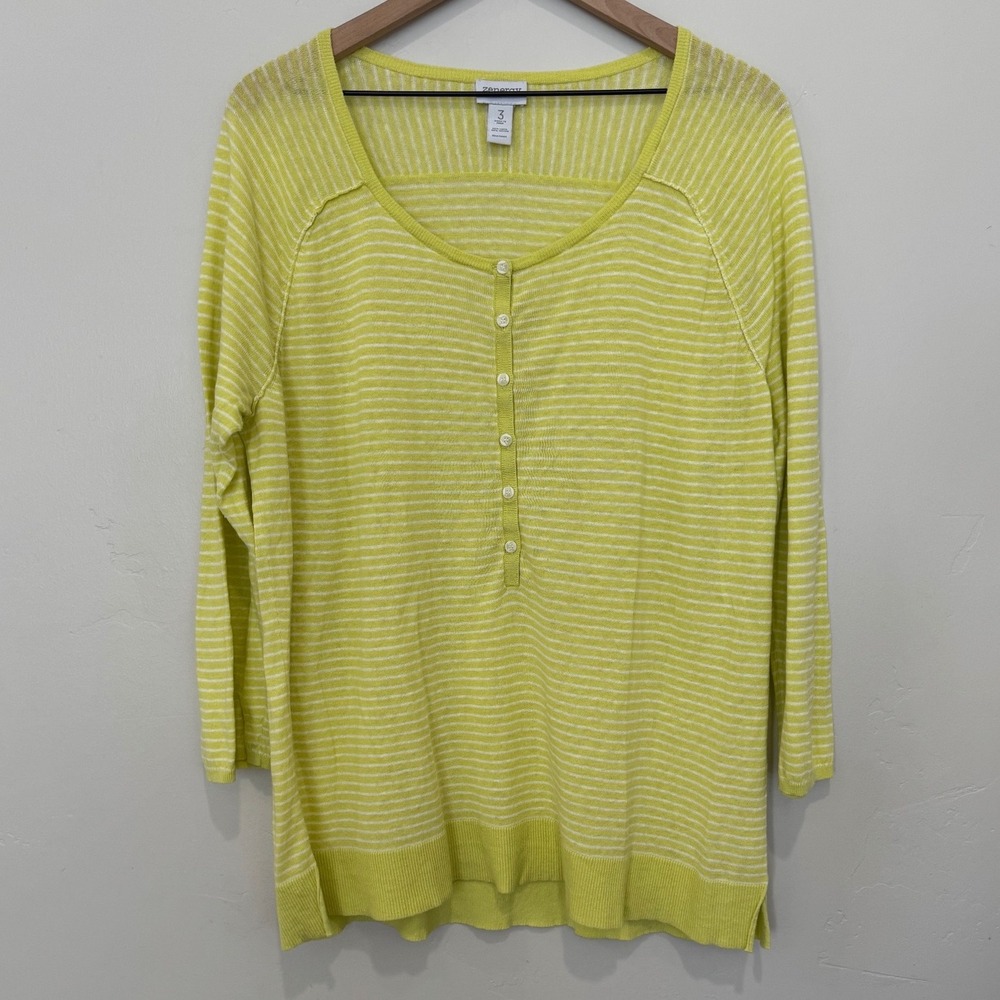 Chico's Neon Yellow Striped Linen Blend Lightweight Henley Sweater XL Size 3